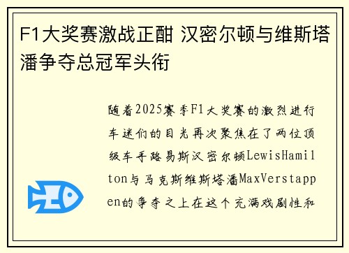 F1大奖赛激战正酣 汉密尔顿与维斯塔潘争夺总冠军头衔